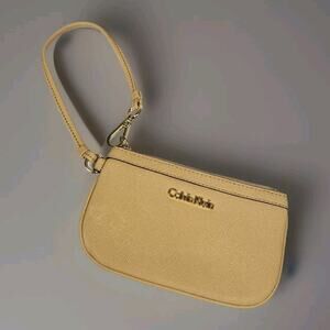 Calvin Klein Saffiano Wristlet Tan Vegan Leather Zip Wallet Pouch Mini Bag Tan